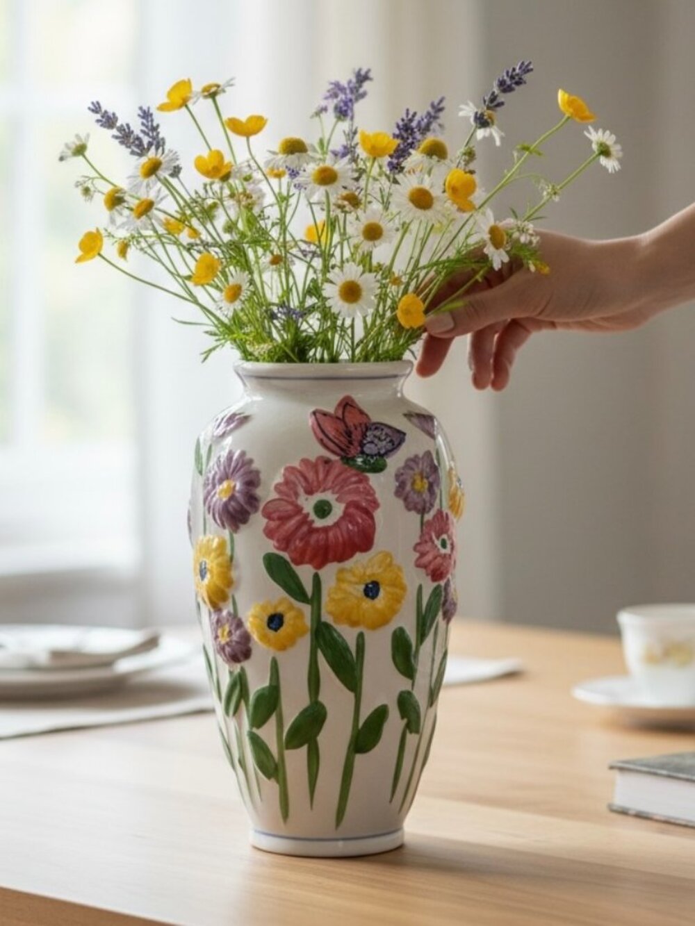 Vintage White Ceramic Flower Vase Embossed Hand-Painted folk art